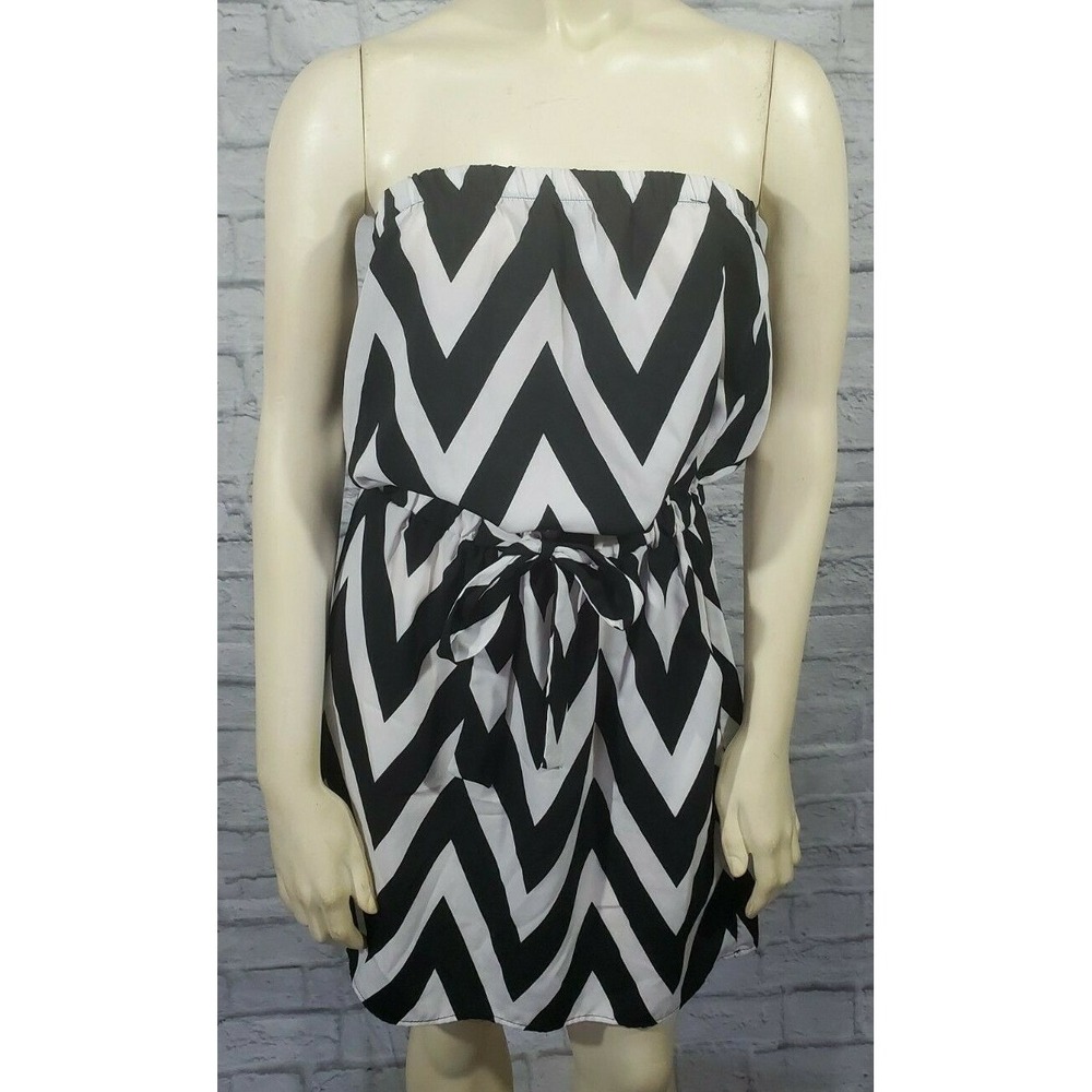 Akira Chicago Dress M Womens Black White Striped Midi Off Shoulder Belt Pockets